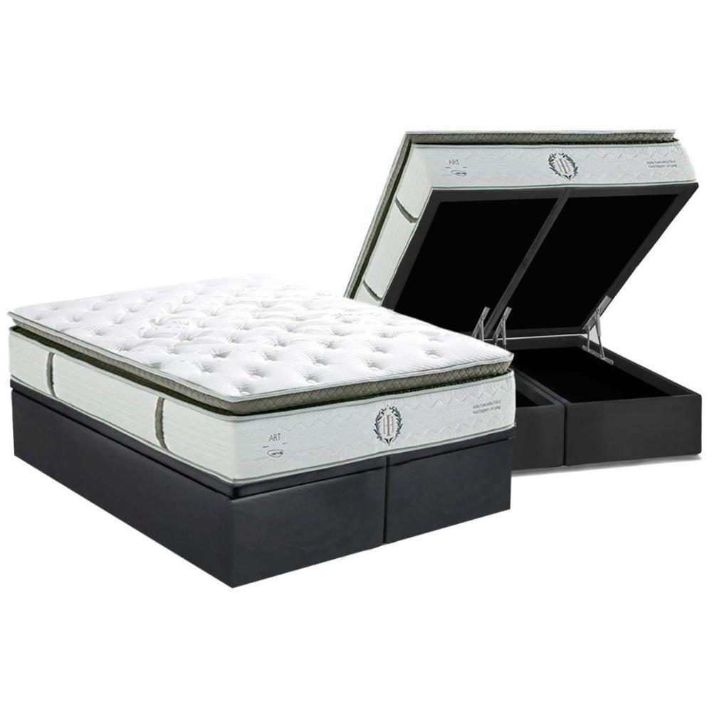 Cama Box Baú Queen: Colchão Molas Ensacadas Herval Imperatore Gold C1655 + Base Crc Suede Gray (158x198x34) - 1
