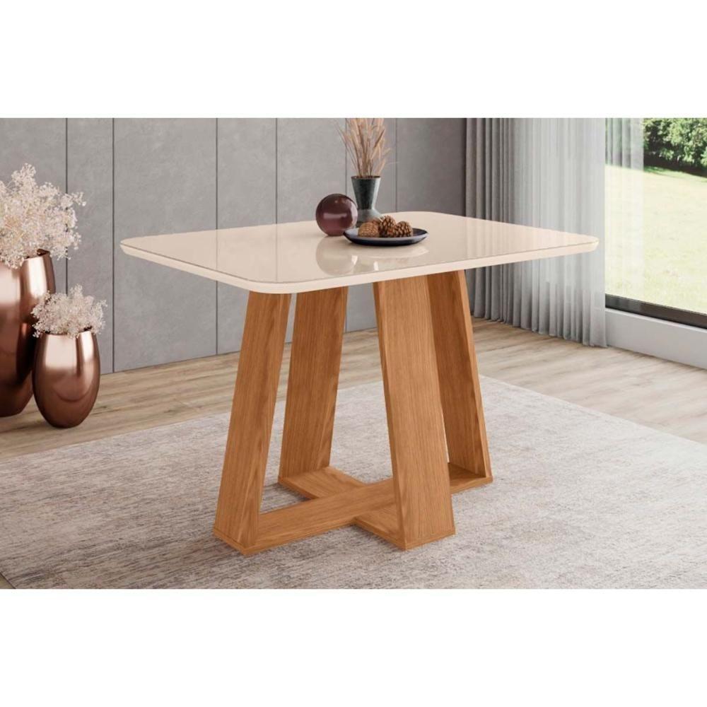 Mesa Para Cozinha Lins Sc89 Com Tampo Madeirado Com Vidro Curvo 120x80cm Nature Off White Henn - 1