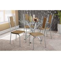 Sala De Jantar Volga Com Tampo De Vidro 90cm E 4 Cadeiras Lisboa Cromada Courano Capuccino - 1