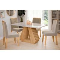 Conjunto Mesa Sala Jantar ágata Tampo Madeirado Com Vidro 130x80cm E 4 Cadeiras Clarice Madeirado Linho Bege Cimol - 1