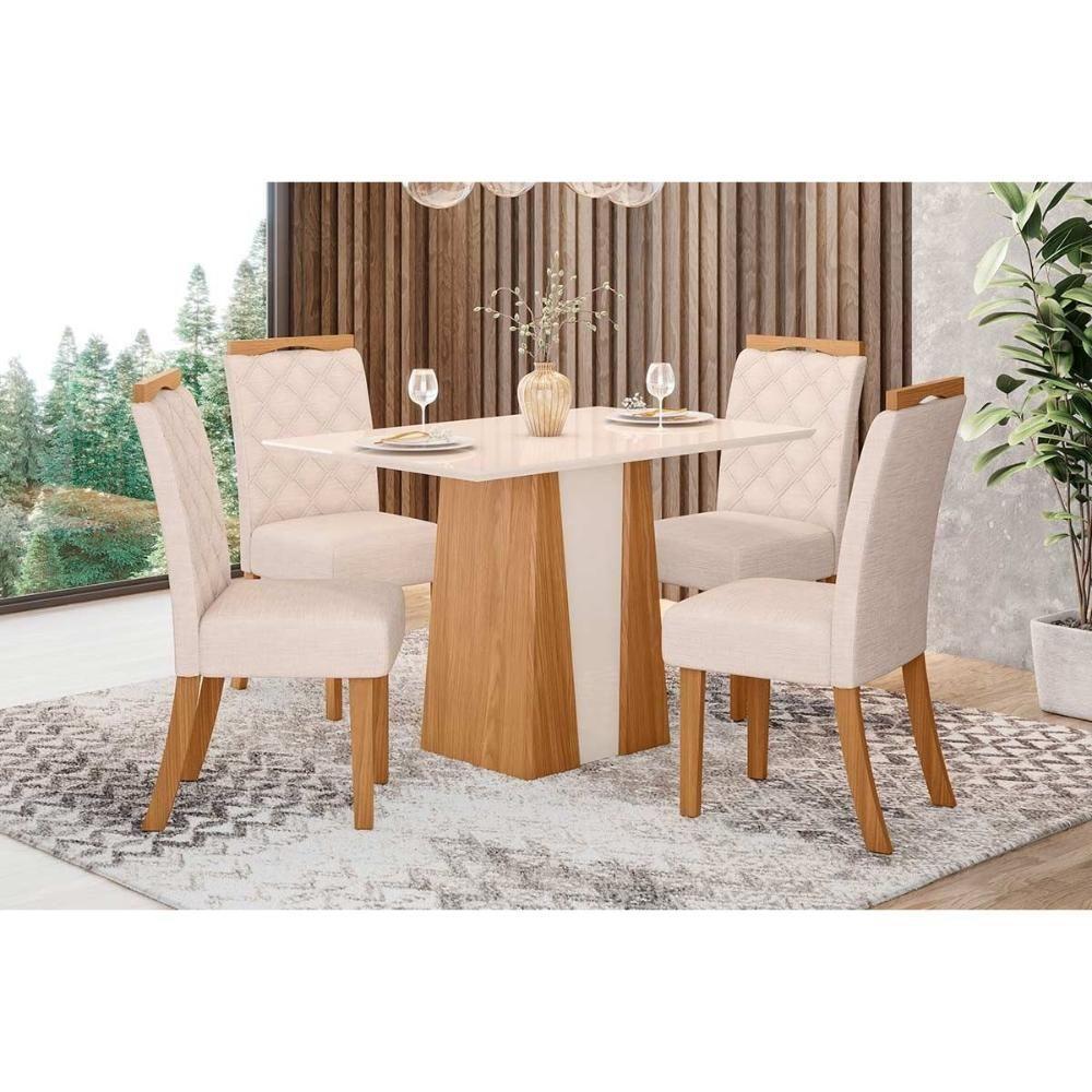Conjunto Mesa Sala Jantar Orus Com Tampo Madeirado 120x80cm E 4 Cadeiras Bella Nature Off White Linho Bege Henn - 1