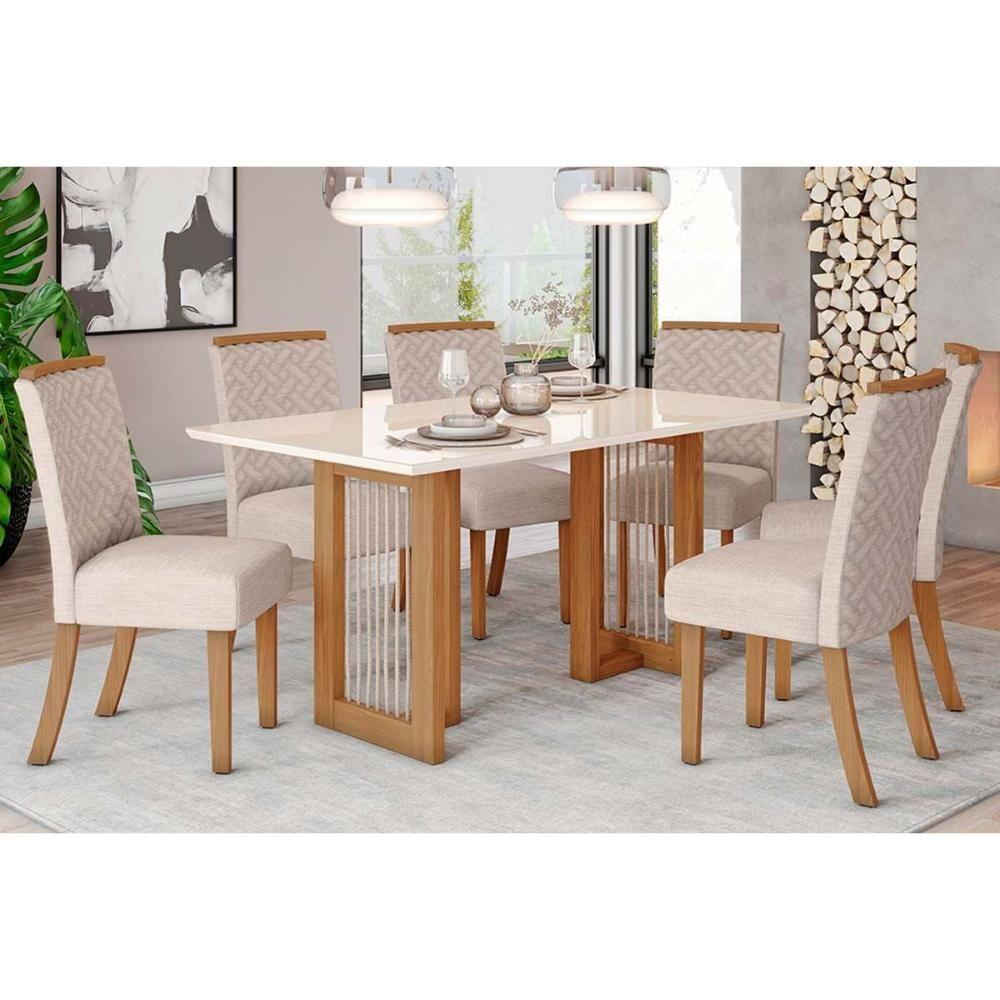 Conjunto Mesa Sala Jantar Yara Com Tampo Madeirado Com Vidro Reto 160x90cm E 6 Cadeiras Malu Nature Linho Henn - 1