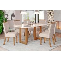 Conjunto Mesa Sala Jantar Yara Com Tampo Madeirado Com Vidro Curvo 160x90cm E 6 Cadeiras Malu Nature Linho Henn - 1