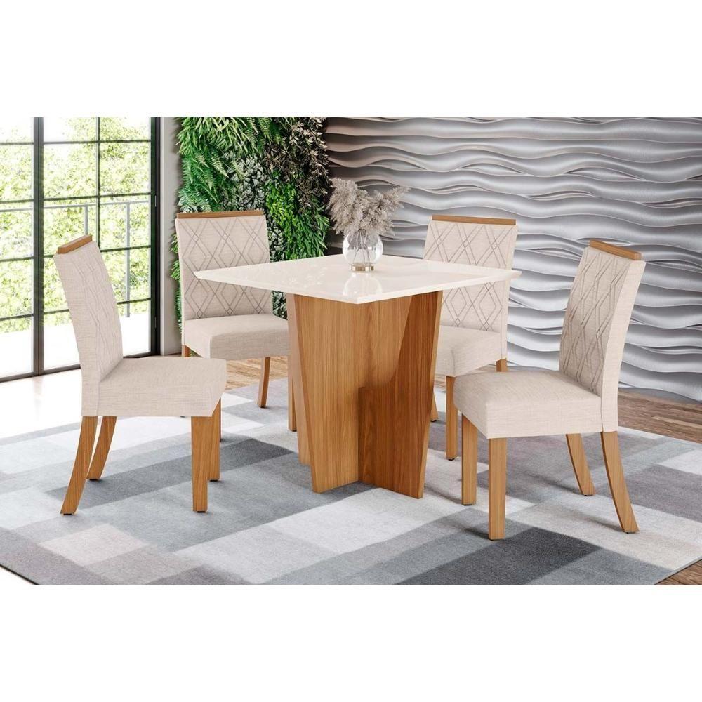 Conjunto Mesa Sala Jantar Vértice Com Tampo Reto Madeirado Com Vidro 90x90cm E 4 Cadeiras Vita Nature Linho Henn - 1
