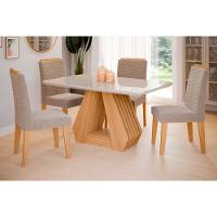 Conjunto Mesa Sala Jantar ágata Com Tampo Madeirado Com Vidro 130x80cm E 4 Cadeiras Clarice Madeirado Linho Bege Cimol - 1