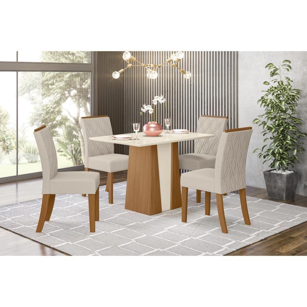 Conjunto Mesa Sala Jantar Orus Com Tampo Madeirado 120x80cm E 4 Cadeiras Vita Nature Off White Linho Bege Henn - 1