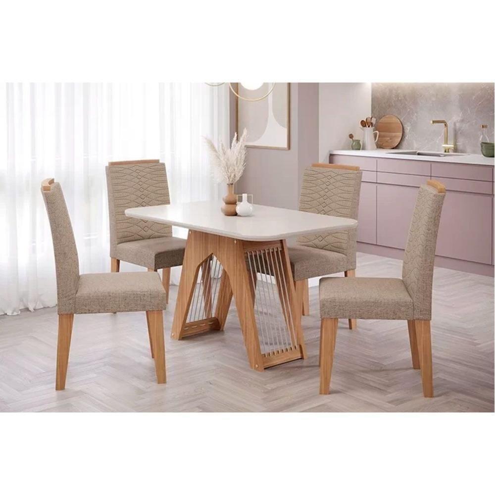 Conjunto Mesa Sala Jantar Carol Tampo Madeirado Com Vidro 130x80cm E 4 Cadeiras Clarice Madeirado Linho Bege Cimol - 1