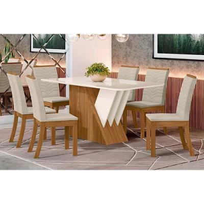 Conjunto Mesa Sala Jantar Épic Sc24 Tampo Madeirado Com Vidro Canto Curvo 160x90cm E 6 Cadeiras Isa Nature Linho Henn