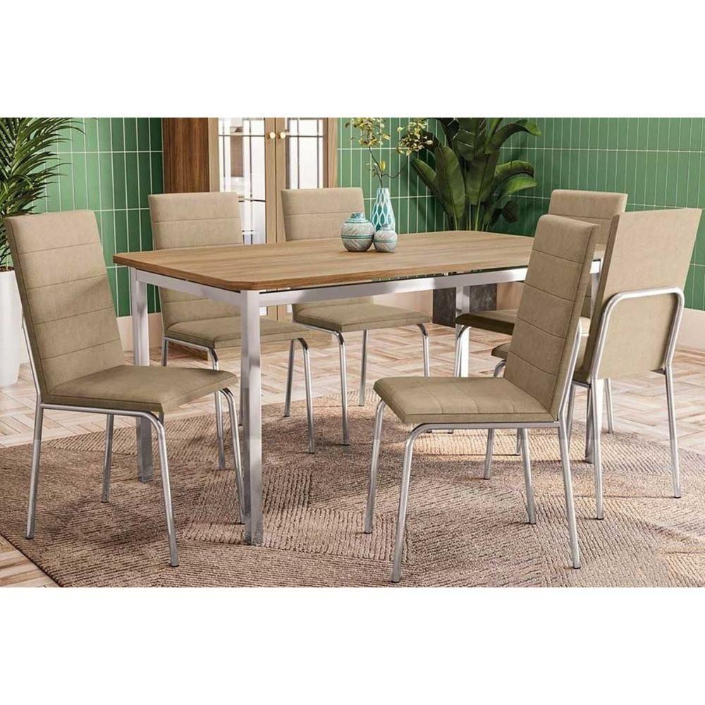Conjunto Mesa Sala Jantar Reno Com Tampo De Madeira 160cm E 6 Cadeiras Amsterdã Cromada Capuccino Kappesberg - 1