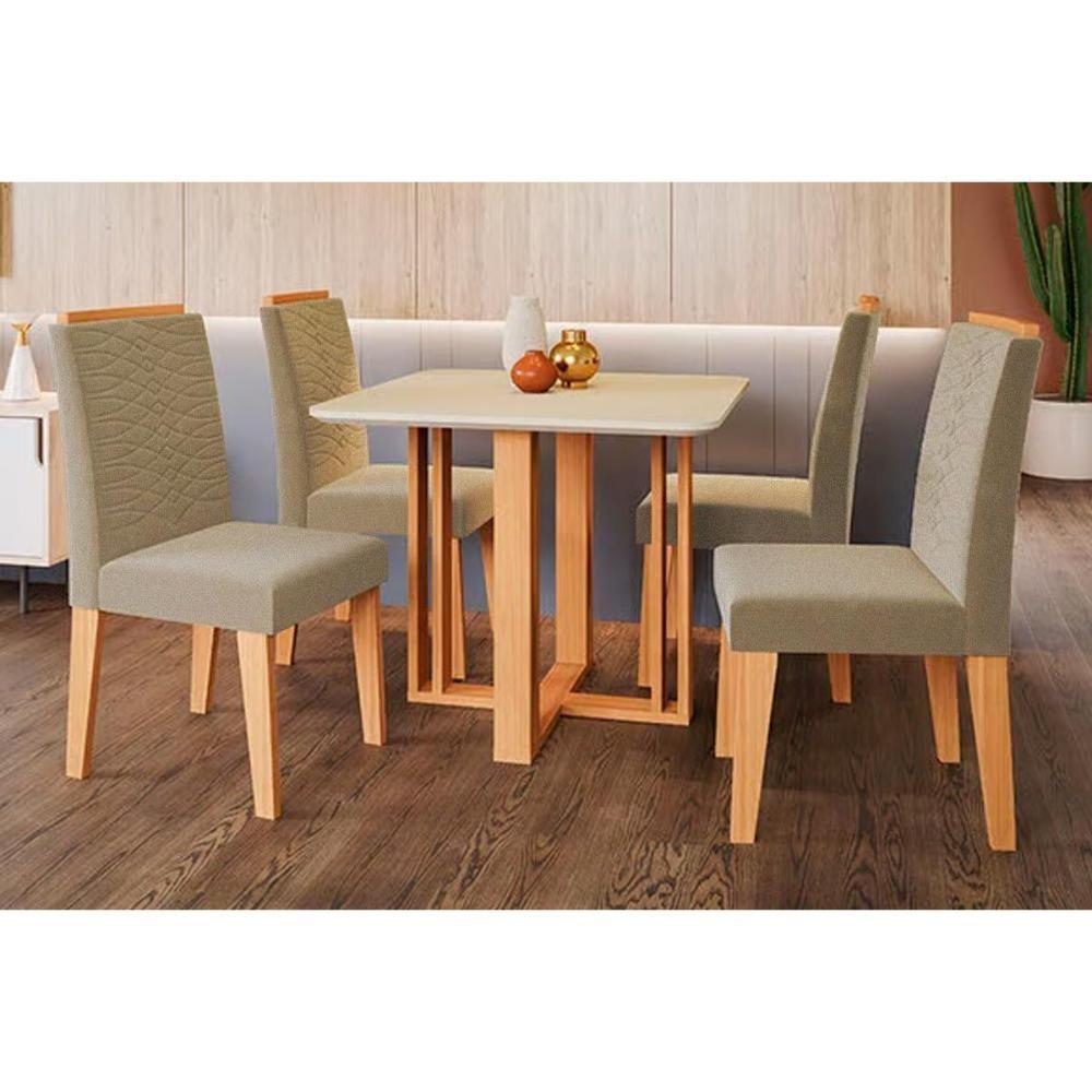 Conjunto Mesa Sala Jantar Flora Com Tampo Madeirado Com Vidro 95x95cm E 4 Cadeiras Clarice Madeirado Linho Bege Cimol - 1