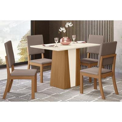 Conjunto Mesa Sala Jantar Orus Com Tampo Madeirado 120x80cm E 4 Cadeiras Milla Nature Off White Suede Marrom Henn
