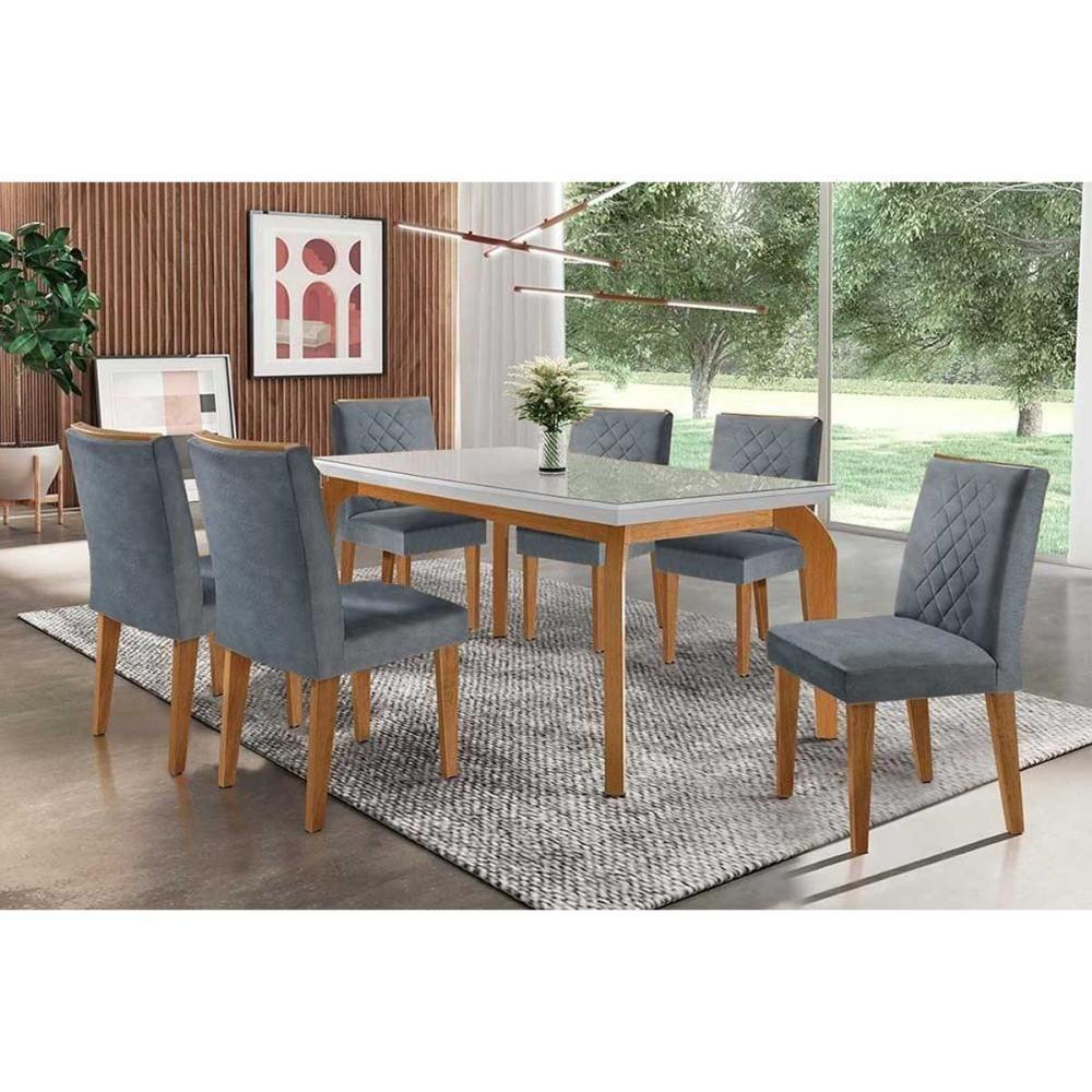 Conjunto Mesa Sala Jantar Londrina Tampo Madeirado Com Vidro 180x90cm E 6 Cadeiras Jade Imbuia Grafite Rufato - 1