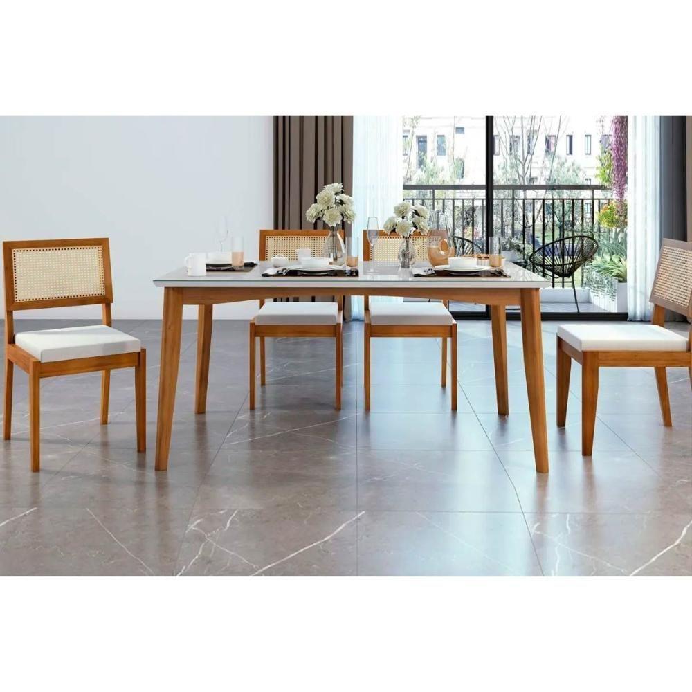 Conjunto Mesa Sala Jantar Monalisa Com Tampo Madeirado Com Vidro 160cm E 4 Cadeiras Rainha Natural Nesher - 1