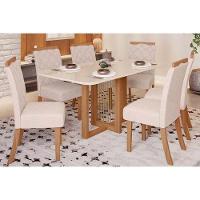 Conjunto Mesa Sala Jantar Natali Com Tampo Madeirado Com Vidro Curvo 160x90cm E 6 Cadeiras Bella Nature Linho Henn - 1