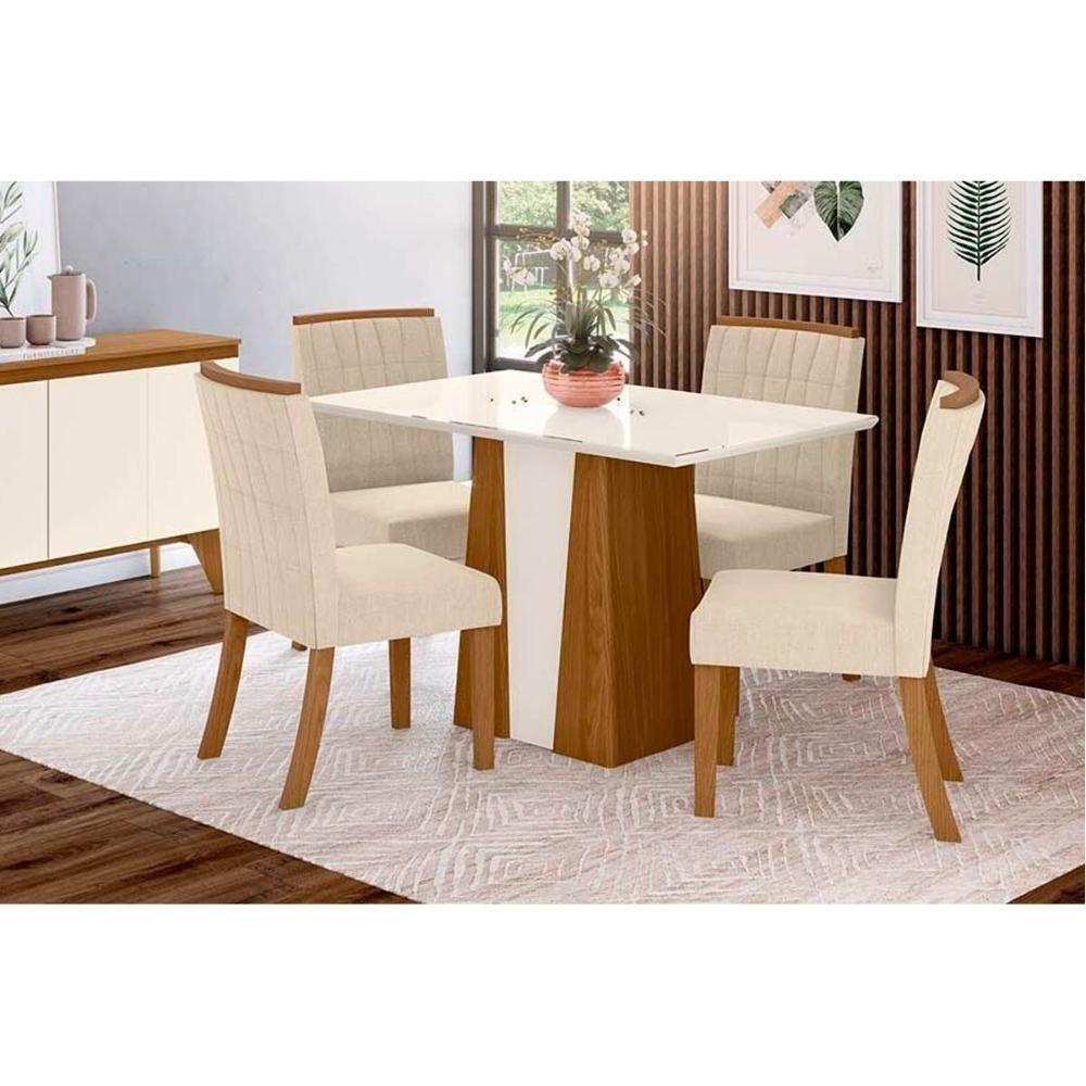 Conjunto Mesa Sala Jantar Orus Com Tampo Madeirado 120x80cm E 4 Cadeiras Tauá Nature Off White Linho Bege Henn - 1