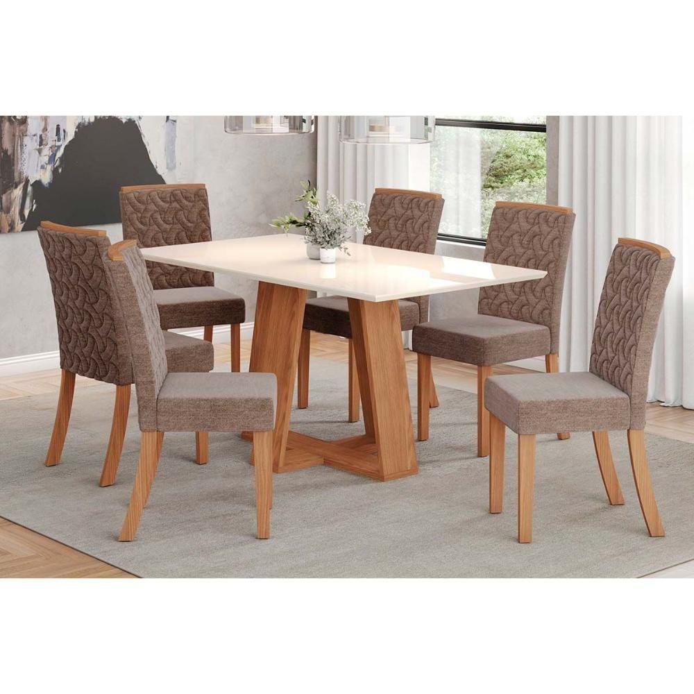Conjunto Mesa Sala Jantar Lins Com Tampo Madeirado Reto 160x90cm E 6 Cadeiras Esther Nature Linho Cacao Henn - 1