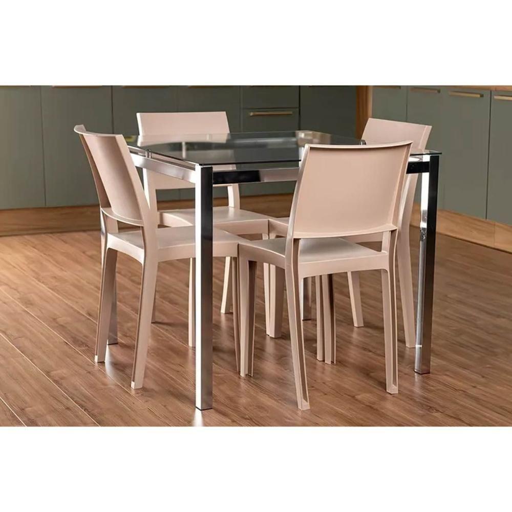 Conjunto Mesa Sala Jantar Reno Com Tampo De Vidro 90x90cm E 4 Cadeiras Hydra Plus Cromada Capuccino Kappesberg - 1