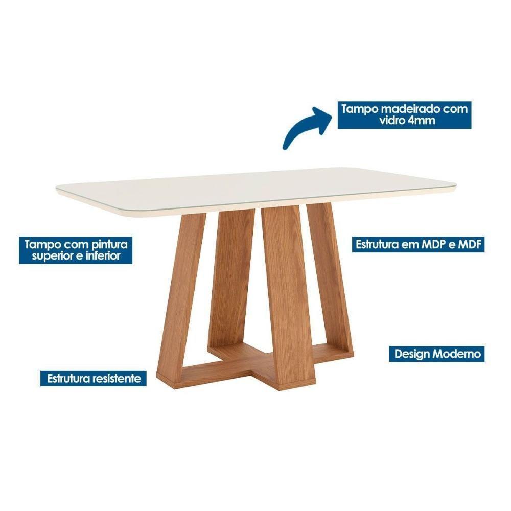 Conjunto Mesa Sala Jantar Lins Com Tampo Madeirado Com Vidro Curvo 160x90cm E 6 Cadeiras Malu Nature Linho Henn - 2