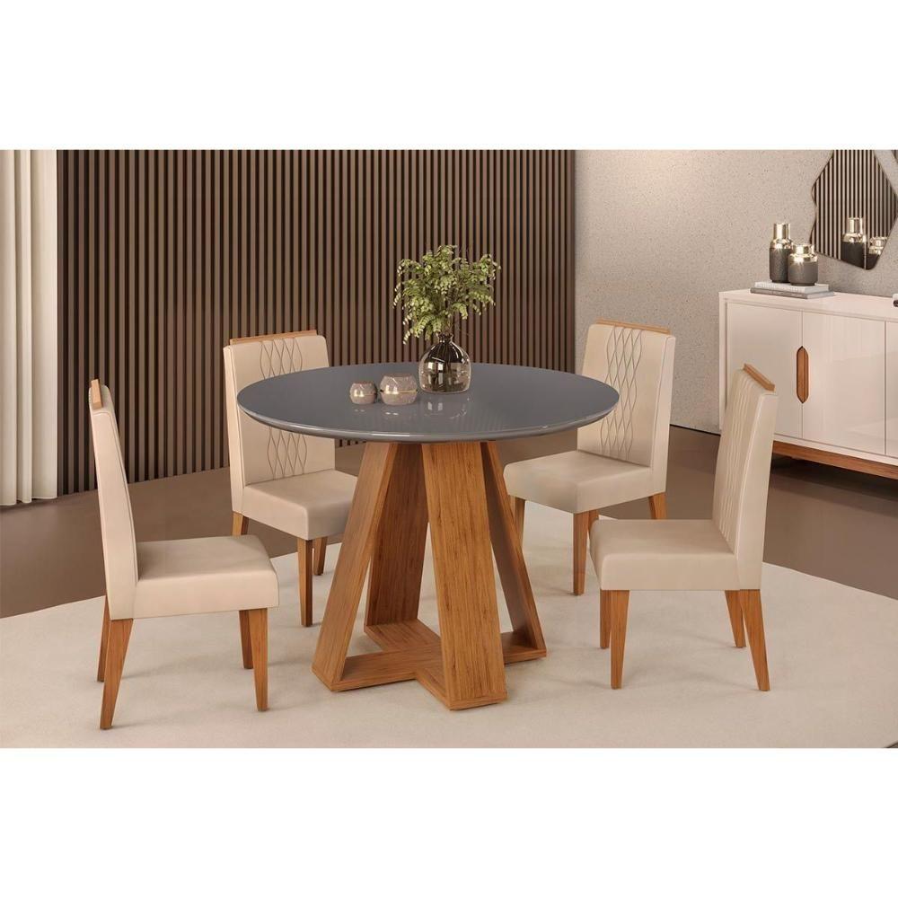 Mesa Para Cozinha Celeste Com Tampo Madeirado Vidro Redondo 103x103cm Cedro Off White Dj Móveis - 7