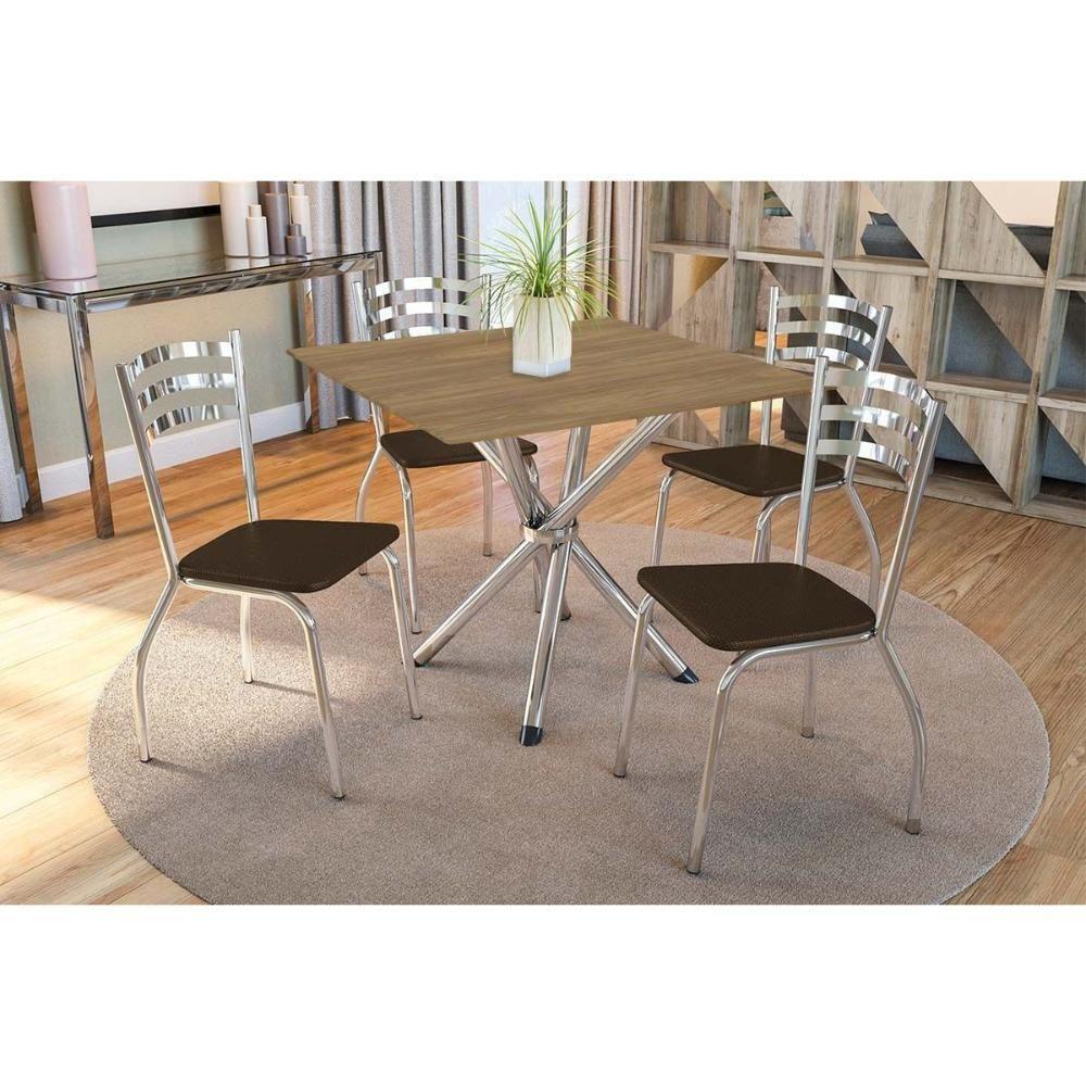 Conjunto Mesa Sala Jantar Volga Com Tampo De Madeira 90cm E 4 Cadeiras Portugal Cromada Nogueira Marrom Kappesberg - 1