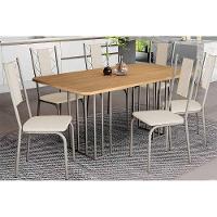 Sala De Jantar Duina Com Tampo De Madeira 160cm E 6 Cadeiras Lisboa Niquel Freijó Courano Bege - 1