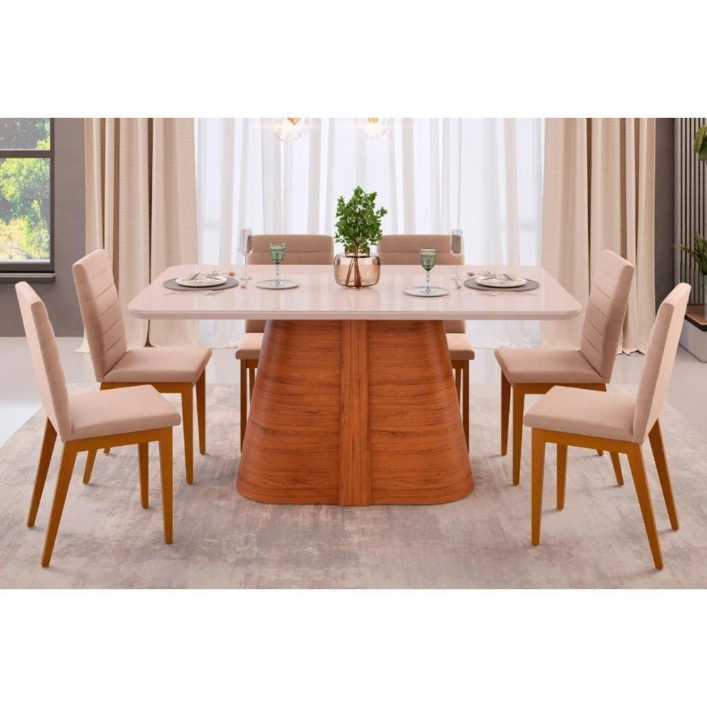 Mesa Para Cozinha Ryze Com Tampo Madeirado Vidro Curvo 180x100cm Freijó Off White Dj Móveis - 5