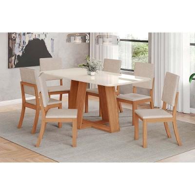 Conjunto Mesa Sala Jantar Lins Com Tampo Madeirado Com Vidro Curvo 180x90cm E 6 Cadeiras Milla Nature Linho Henn