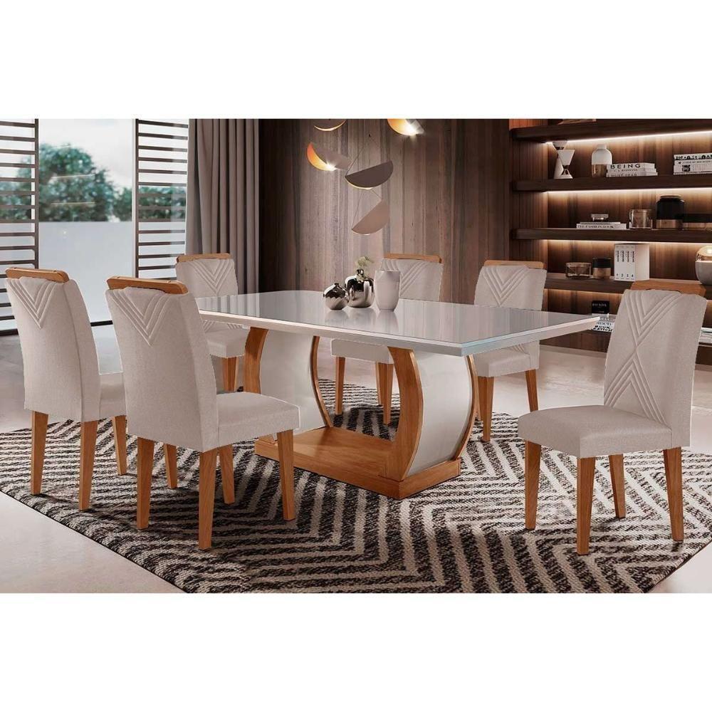 Conjunto Mesa Sala Jantar Jade Tampo Madeirado Com Vidro Curvo 180x90 E 6 Cadeiras Amsterdã Imbuia Suede Creme Rufato - 1