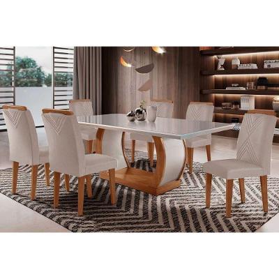 Conjunto Mesa Sala Jantar Jade Tampo Madeirado Com Vidro Curvo 180x90 E 6 Cadeiras Amsterdã Imbuia Suede Creme Rufato