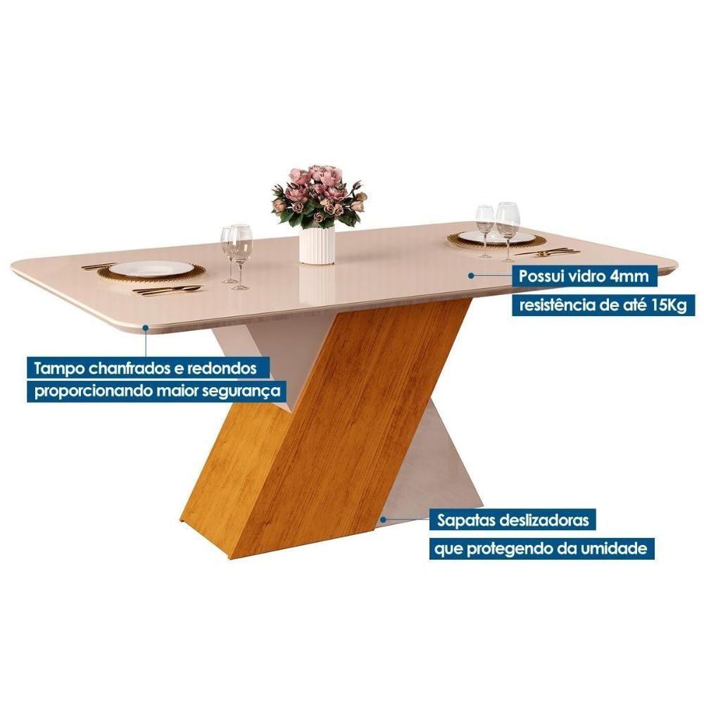 Mesa Para Cozinha Rubi Com Tampo Madeirado Com Vidro Curvo 170x90cm Cedro Off White Off White Dj Móveis - 3