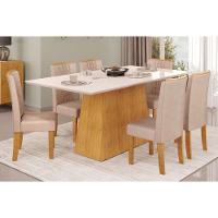 Mesa Para Cozinha Dulce Tampo Madeirado Com Vidro Reto 180x90cm E 6 Cadeiras Zoe Cedro Off White Suede Creme Dj Móveis - 1
