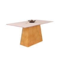 Mesa Para Cozinha Dulce Tampo Madeirado Com Vidro Reto 180x90cm E 6 Cadeiras Zoe Cedro Off White Suede Creme Dj Móveis