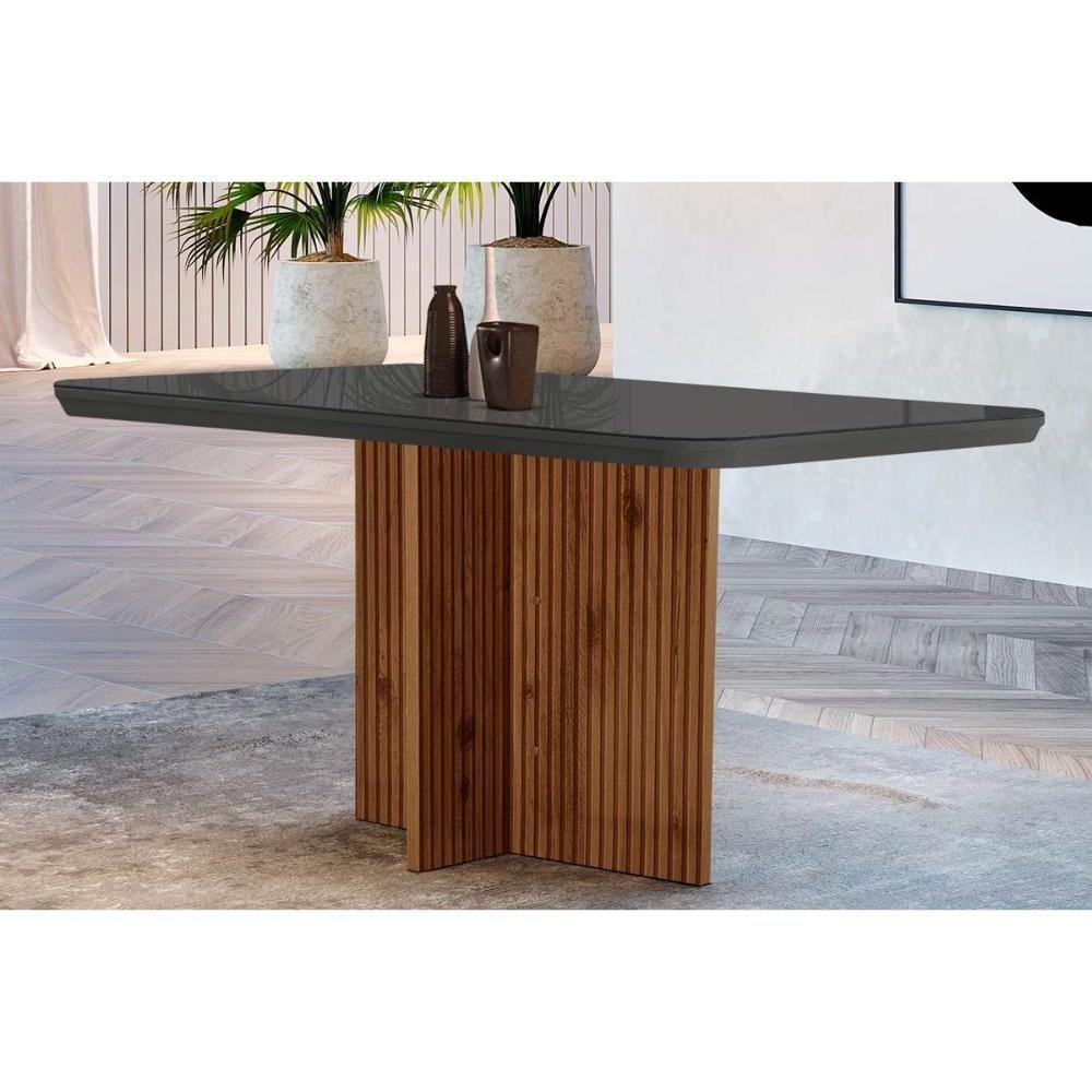 Mesa Para Cozinha Berlim Com Tampo 120x80cm Madeirado Vidro Canto Curvo Imbuia Ripado 3d Grafite Rufato - 1