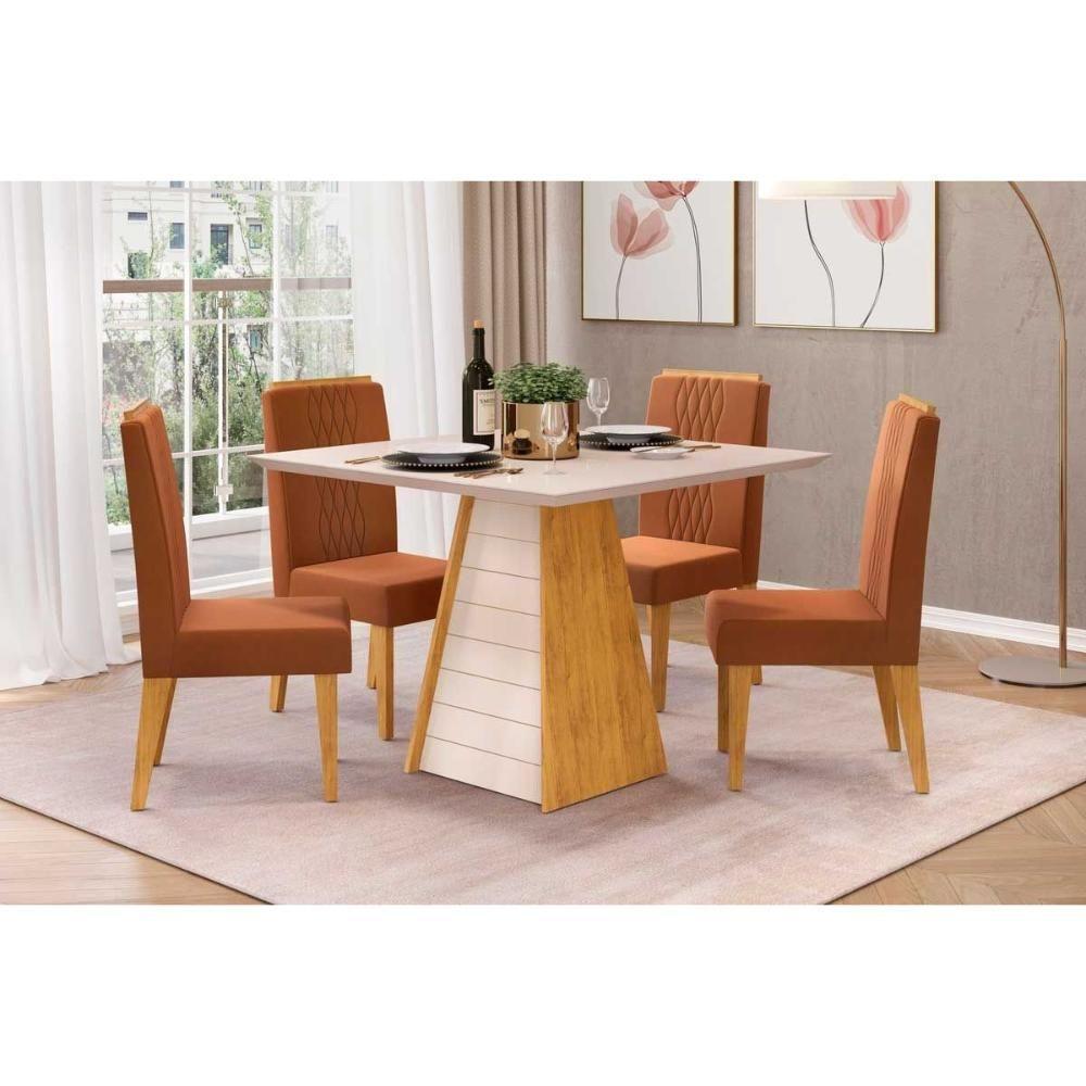 Mesa Para Cozinha Fler Com Tampo Madeirado Com Vidro 90x90cm Cedro Off White Off White Dj Móveis - 7