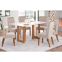 Conjunto Mesa Sala Jantar Yara Sc79 Tampo Madeirado Com Vidro Canto Curvo 160x90cm E 6 Cadeiras Vita Nature Linho Henn - 1