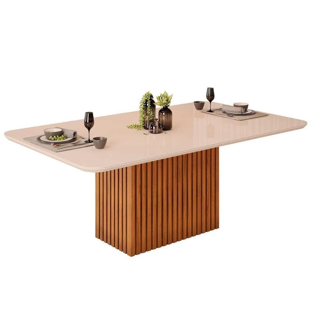 Mesa Para Cozinha Canes Com Tampo Madeirado Com Vidro Curvo 200x100cm Freijó Off White Dj Móveis - 1