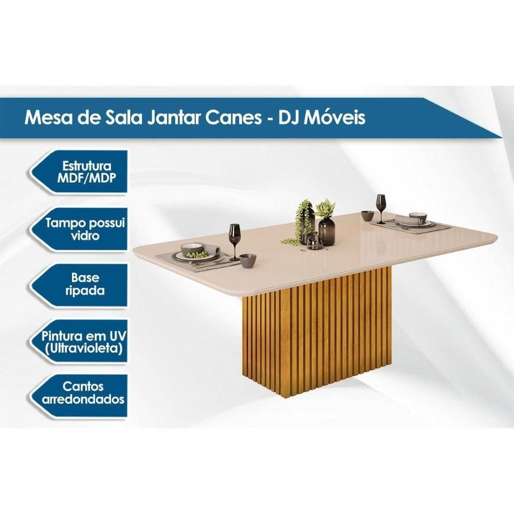 Mesa Para Cozinha Canes Com Tampo Madeirado Com Vidro Curvo 200x100cm Freijó Off White Dj Móveis - 2