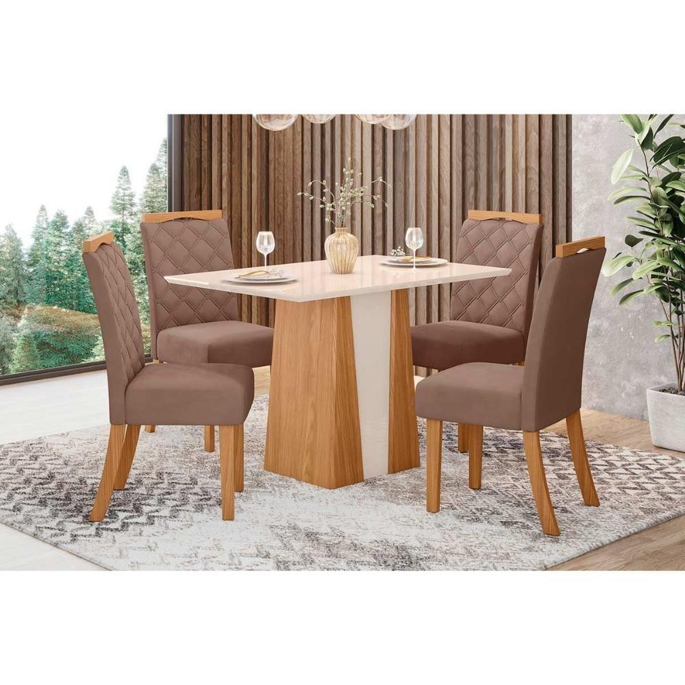 Conjunto Mesa Sala Jantar Orus Com Tampo Madeirado 120x80cm E 4 Cadeiras Bella Nature Off White Suede Marrom Henn - 1