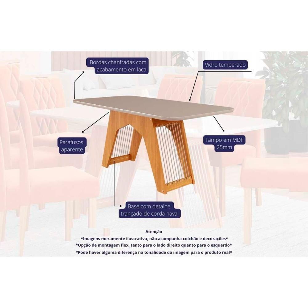 Conjunto Mesa Sala Jantar Carol Tampo Madeirado Com Vidro 180x90cm E 6 Cadeiras Clarice Madeirado Linho Bege Cimol - 1