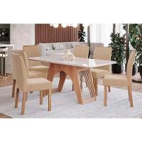 Conjunto Mesa Sala Jantar Carol Tampo Madeirado Com Vidro 180x90cm E 6 Cadeiras Clarice Madeirado Linho Bege Cimol