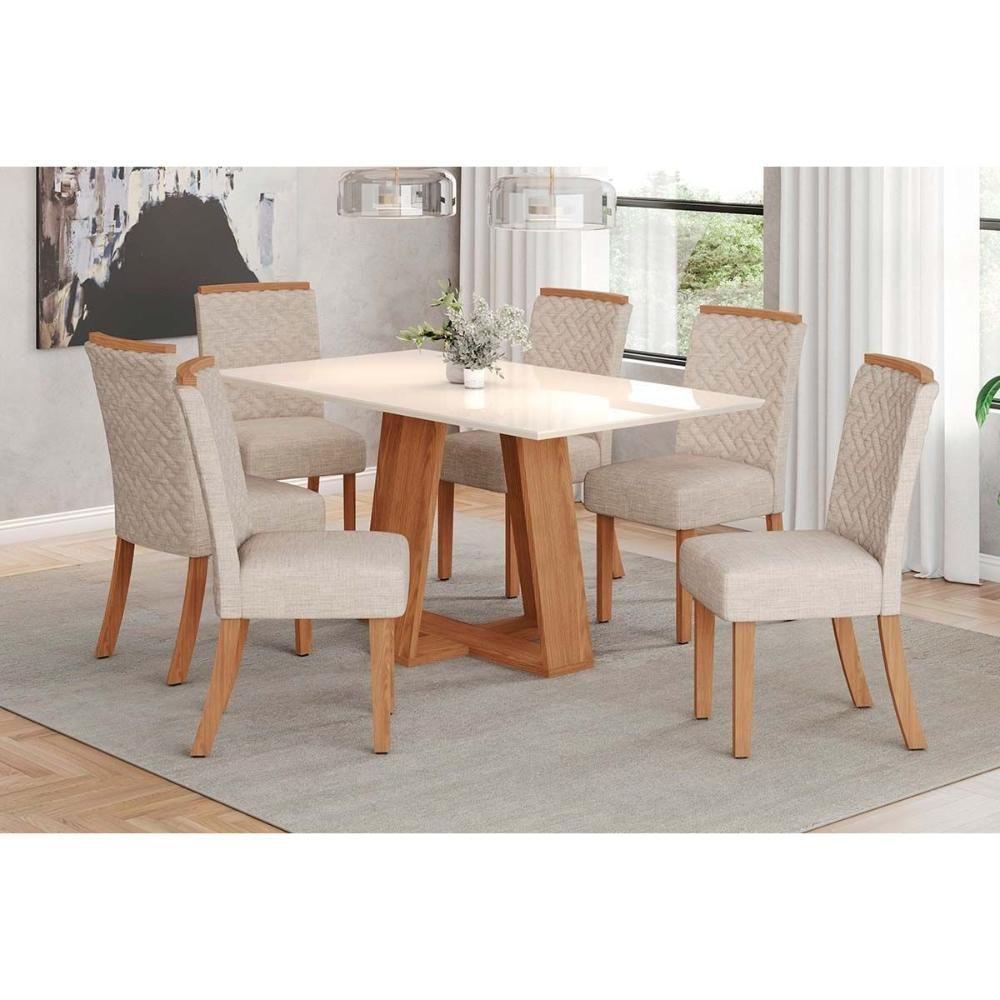 Conjunto Mesa Sala Jantar Lins Com Tampo Madeirado Reto 160x90cm E 6 Cadeiras Malu Nature Linho Henn - 1