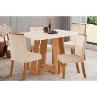 Conjunto Mesa De Cozinha Lins Sc91 Tampo Madeirado Com Vidro Canto Reto 120x80cm E 4 Cadeiras Tauá Nature Linho Henn - 1