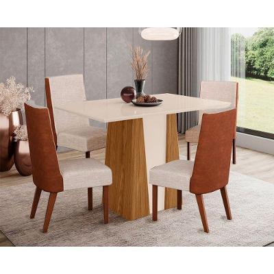 Conjunto Mesa De Cozinha Orus Tampo Madeirado Com Vidro 120x80cm E 4 Cadeiras Anne Nature Courano Linho Henn