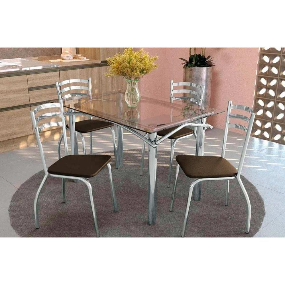 Conjunto Mesa De Cozinha Elba Com Tampo De Vidro 120cm E 4 Cadeiras Portugal Cromada Courano Marrom Kappesberg - 1