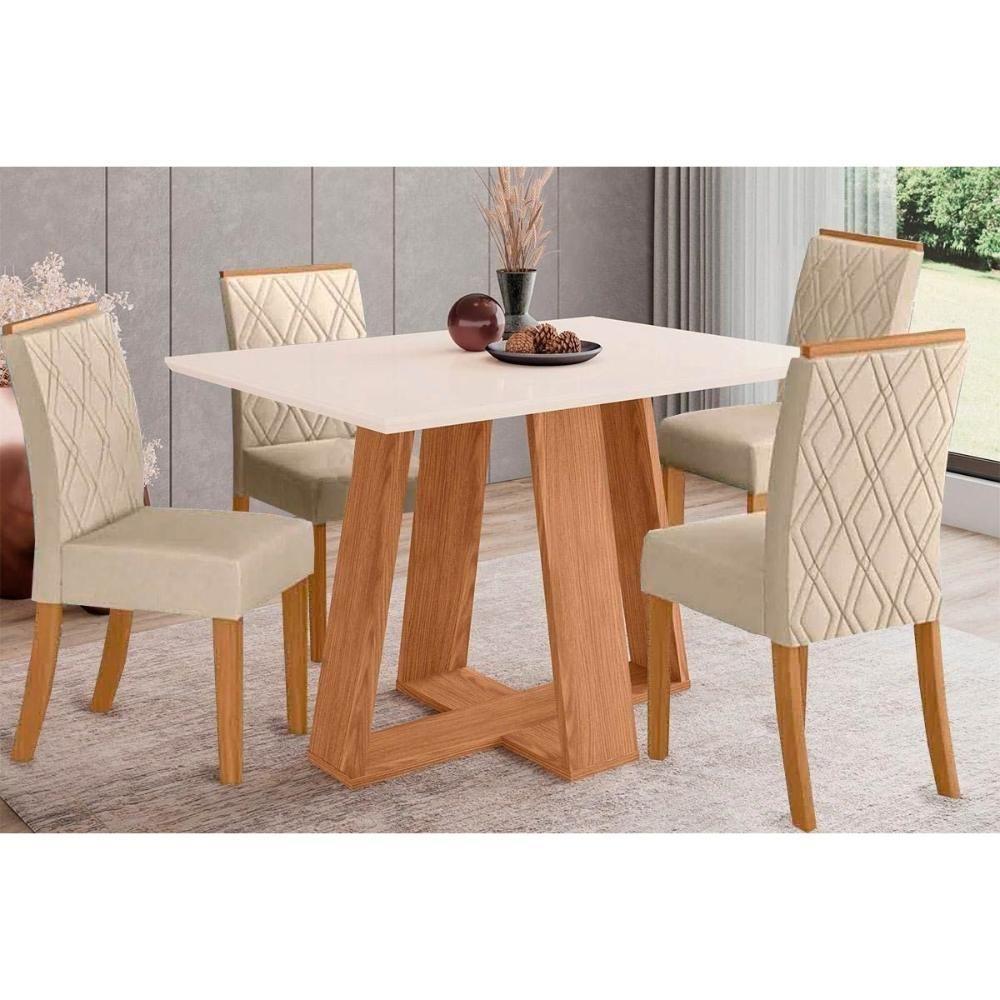 Conjunto Mesa De Cozinha Lins Com Tampo Madeirado 120x80cm E 4 Cadeiras Vita Nature Off White Linho Bege Henn - 1