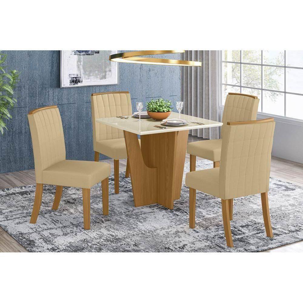 Conjunto Mesa De Cozinha Vértice Com Tampo Madeirado 90x90cm E 4 Cadeiras Tauá Nature Linho Henn - 1