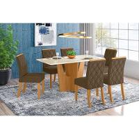 Conjunto Mesa De Cozinha Vértice Tampo Madeirado Com Vidro 160x80cm E 6 Cadeiras Vita Nature Suede Light Bege Henn - 1