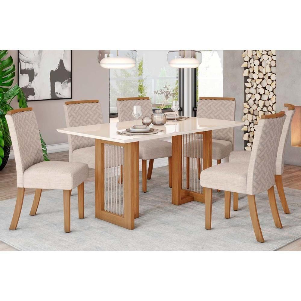 Conjunto Mesa De Cozinha Yara Com Tampo Madeirado Com Vidro Reto 160x90cm E 6 Cadeiras Malu Nature Linho Henn - 1