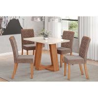 Conjunto Mesa De Cozinha Lins Com Tampo Madeirado Com Vidro Curvo 120x80cm E 4 Cadeiras Esther Nature Linho Cacao Henn - 1