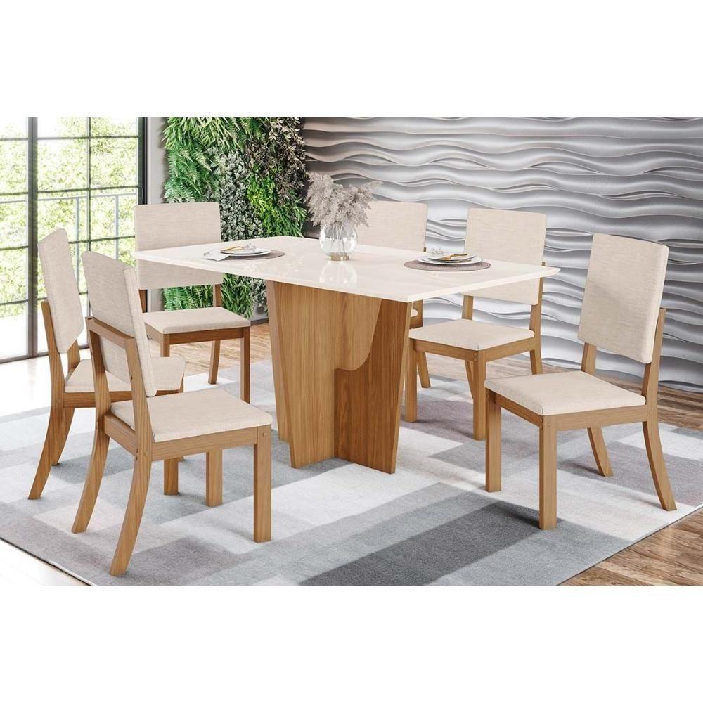 Conjunto Mesa De Cozinha Vértice Tampo Madeirado Com Vidro 160x80cm E 6 Cadeiras Milla Nature Linho Henn - 1